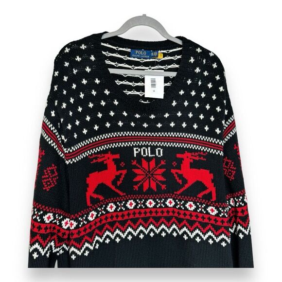 NWT POLO RALPH LAUREN Men's Black Cotton Cashmere Reindeer Crewneck Sweater 2XL - Picture 2 of 8